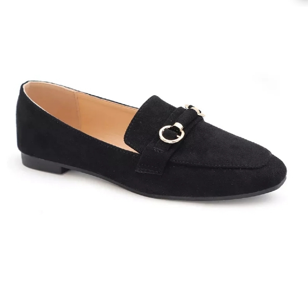 Jolly Mix Women's Black Faux Suede Loafers with Gold-Tone Buckle Size 8W